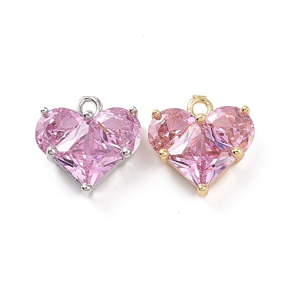 Brass Glass Heart Charms, Faceted, Pink