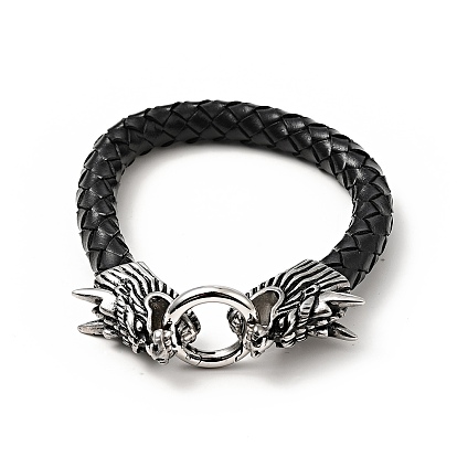 Leather Braided Round Cord Bracelet, 304 Stainless Steel Dragon Head Clasps Gothic Bracelet for Men Women