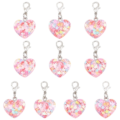 10 Décorations pendentifs en forme de cœur en résine transparente pailletée, avec alliage homard fermoirs pince, platine