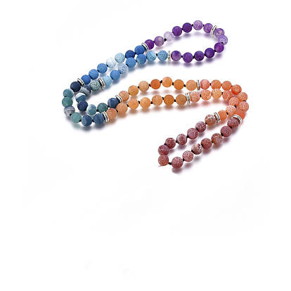 Round Frosted Natural Weathered Agate Beaded Necklaces, with Antique Silver Plated Alloy Beads