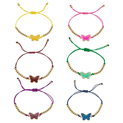 6шт 6 цвета сплав эмалированные звенья браслеты, регулируемые браслеты из нейлоновой нити, бабочка, с золотыми латунными бисера