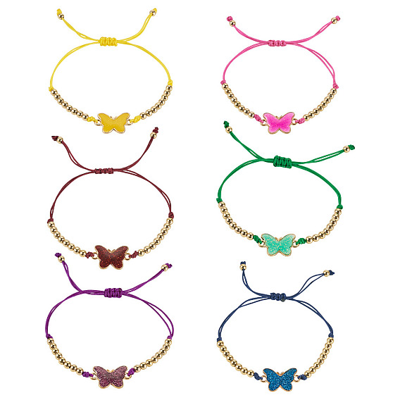 6шт 6 цвета сплав эмалированные звенья браслеты, регулируемые браслеты из нейлоновой нити, бабочка, с золотыми латунными бисера