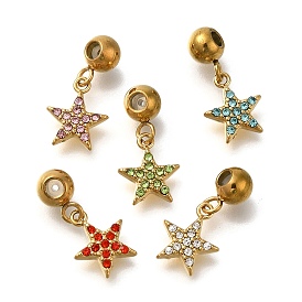 Ion Plating(IP) 304 Stainless Steel Rhinestone Pendants, Star Charms, Real 14K Gold Plated