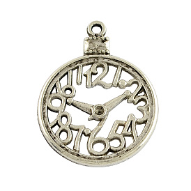Pendentifs en alliage d'horloge, de style tibétain, sans plomb et sans cadmium, 39x30x2mm, trou: 2 mm, environ 209 pcs / 1000 g