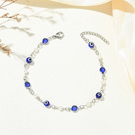 304 Браслеты на лодыжку из нержавеющей стали, стекла, синего стекла и перламутра, украшенные звеньями в виде сглаза.