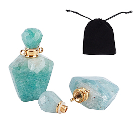 Faceted Natural Green Quartz Openable Perfume Bottle Pendants, with Golden Tone 304 Stainless Steel Findings, with Rectangle Velvet Pouches