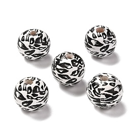 Printed Wood European Beads, Large Hole Beads, Round with Leopard Print Pattern, Dyed