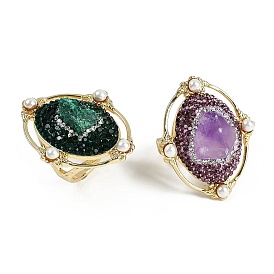 Oval Natural Gemstone & Rhinestone Finger Rings, Plastic Imitation Pearl Beads and Brass Adjustable Finger Rings