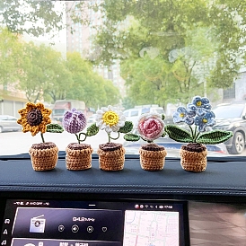 3d цветы ручной работы, связанные крючком, Мини-вязаные крючком цветы в горшках, украшения для домашнего автомобиля, офисного стола