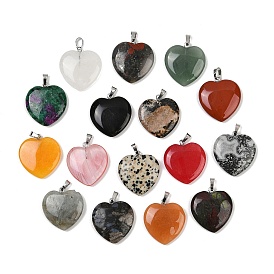Natural & Synthetic Mixed Gemstone Pendants, Heart Charms with 201 Stainless Steel Bails, Stainless Steel Color