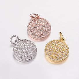 Brass Micro Pave Cubic Zirconia Charms, Cadmium Free & Lead Free, Flat Round with Cross