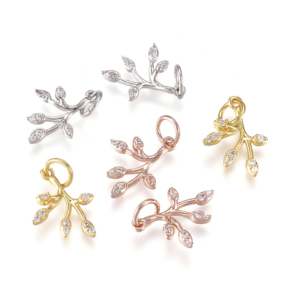 Brass Charms, with Cubic Zirconia and Jump Rings, Leaf, Clear