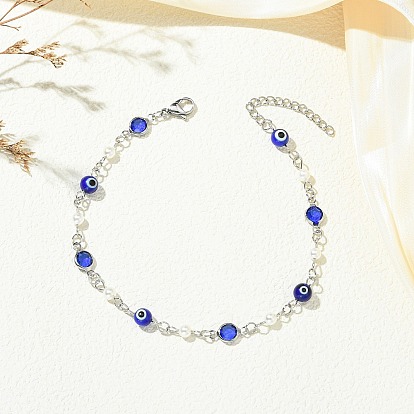 304 Браслеты на лодыжку из нержавеющей стали, стекла, синего стекла и перламутра, украшенные звеньями в виде сглаза.