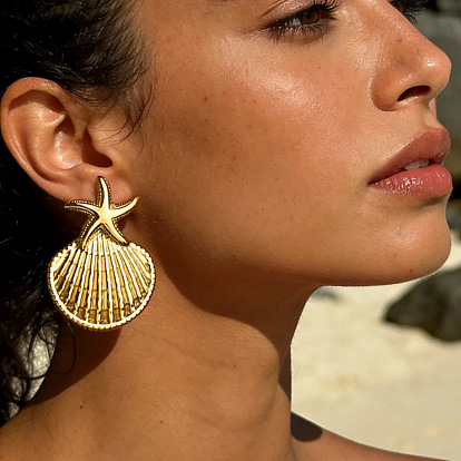 304 серьги-гвоздики из нержавеющей стали для женщин, в форме раковины с морской звездой