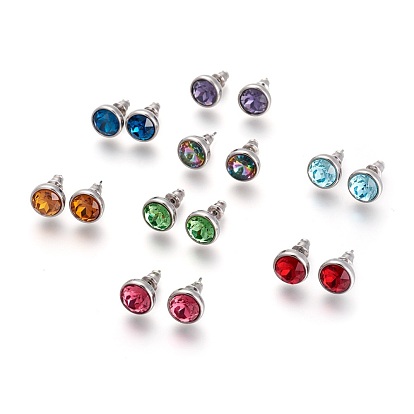 304 Stainless Steel Stud Earrings, with Rhinestone, Flat Round