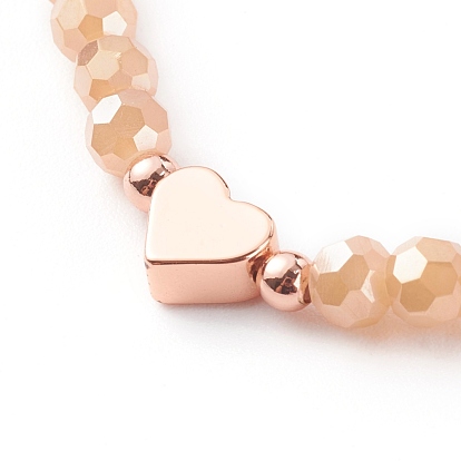 Electroplate Faceted Round Glass Beaded Bracelets, with Brass Heart Beads, Rose Gold