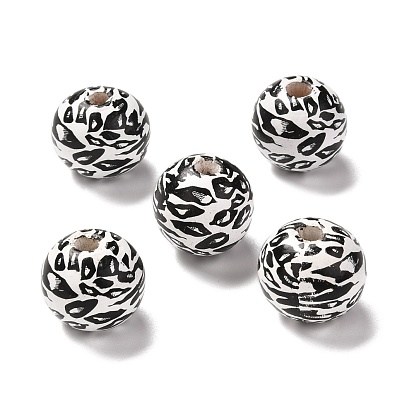 Printed Wood European Beads, Large Hole Beads, Round with Leopard Print Pattern, Dyed