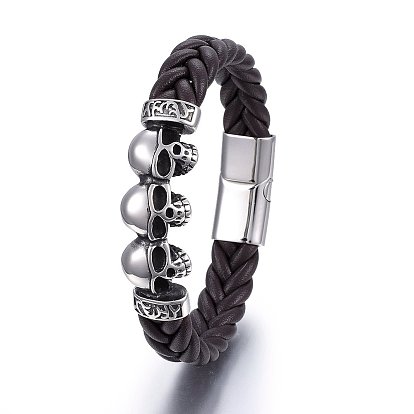 Leather Cord Bracelets, with 304 Stainless Steel Magnetic Clasp, Skull