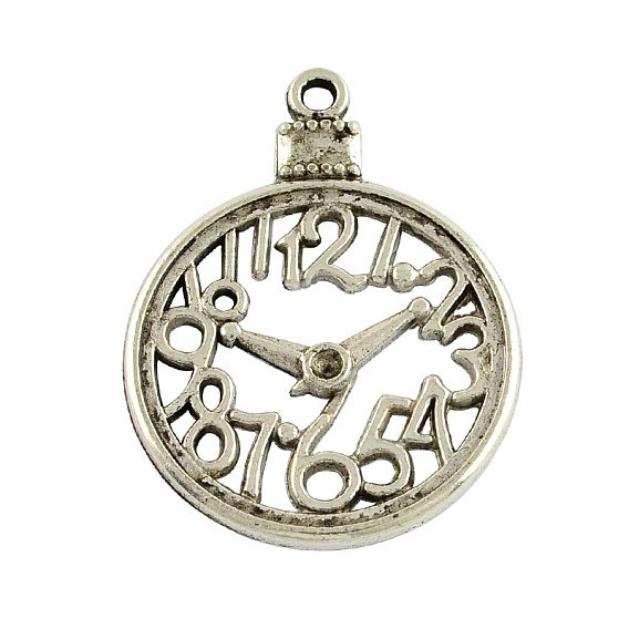 Clock Alloy Pendants, Tibetan Style, Lead Free & Cadmium Free, 39x30x2mm, Hole: 2mm, about 209pcs/1000g