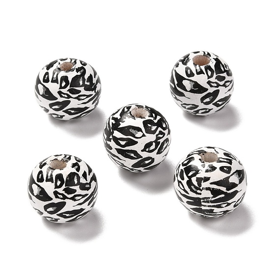 Printed Wood European Beads, Large Hole Beads, Round with Leopard Print Pattern, Dyed