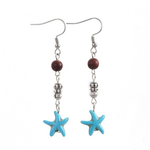 Synthetic Turquoise Dangle Earrings, with Natural Sandalwood and Alloy Beads, 304 Stainless Steel Earring Hooks, Starfish/Sea Stars