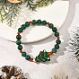 Handmade Lampwork Christmas Tree Bracelets, Natural Fuchsite & Carnelian Round Beaded Stretch Bracelets, Golden