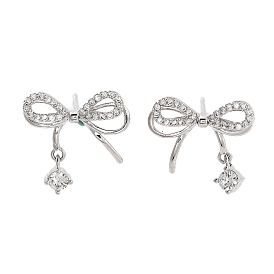 Left and Right Bowknot Brass Micro Pave Clear Cubic Zirconia Stud Earrings, with 925 Sterling Silver Pin