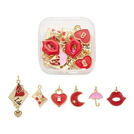 12 pcs 6 style réel 18 k pendentifs en laiton plaqué or, plaqué longue durée, avec anneau de saut, Saint Valentin, lèvre et coeur serrure et parapluie et bonbons et lune et losange