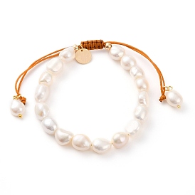 Pulseras de cuentas trenzadas de hilo de nylon ajustable, con cuentas ovaladas de perlas naturales cultivadas de agua dulce y dijes de latón redondos y planos, real 18 k chapado en oro