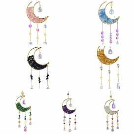 Gemstone Chip Moon Hanging Suncatcher Pendant Decoration, Crystal Ceiling Chandelier Ball Prism Pendants, with Brass & Iron Findings