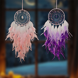 Natural Gemstone Chips Pendant Decorations, with Feather, for Home Bedroom Hanging Decorati