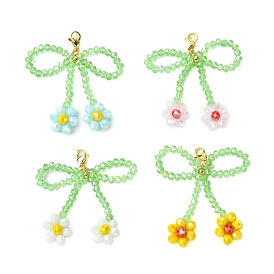 4Pcs 4 Colors Bowknot Flower Glass Pendant Decoration, 304 Stainless Steel Lobster Claw Clasps Charms for Bag Ornaments