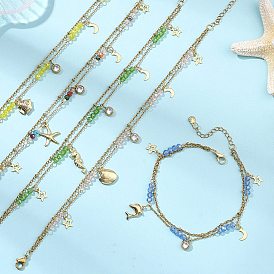 Браслеты на лодыжку для женщин из нержавеющей стали с подвесками в виде морских животных, выполненные в форме океанических граней ронделей из гальванированного стекла., золотые