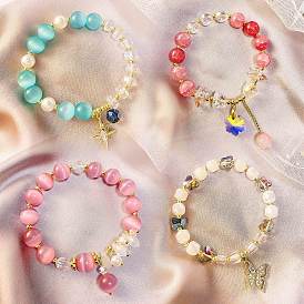 Natural Crystal Bracelet Set for Women - Amethyst & Cat's Eye Stone Beaded Jewelry