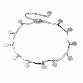 304 Stainless Steel Flower Charm Anklets, with Lobster Claw Clasps