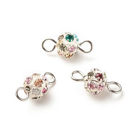 Brass Colorful Rhinestone Connector Charms, with 304 Stainless Steel Loops, Round