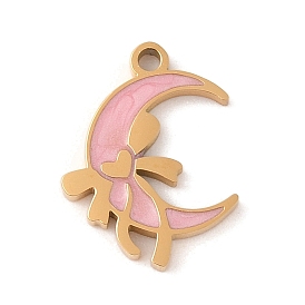 Ion Plating(IP) 304 Stainless Steel Pendants, with Enamel, Moon with Bowknot Charm, Golden