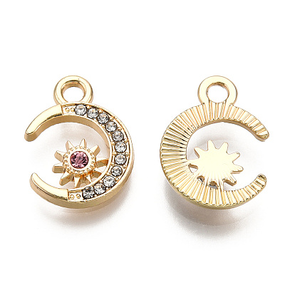 Pendentifs en alliage, avec strass rose clair, sans cadmium et sans nickel et sans plomb, charmes lune et étoile