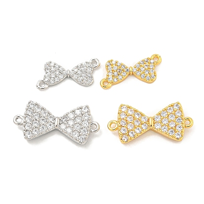 Brass Micro Pave Clear Cubic Zirconia Connector Charms, Cadmium Free & Nickel Free & Lead Free, Bowknot