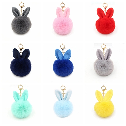 Easter Rabbit Faux Fluffy Ball Pendant Keychains, with Alloy Finding