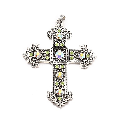 Alloy Rhinestone Big Pendants, Cross, Antique Silver