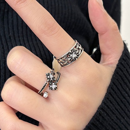 Retro Brass & Crystal Rhinestone Cuff Open Rings, Cross