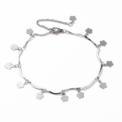 304 Stainless Steel Flower Charm Anklets, with Lobster Claw Clasps
