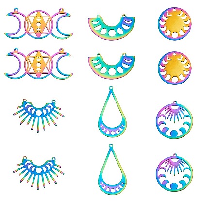 12Pcs 6 Style Ion Plating(IP) 201 Stainless Steel Pendants, Laser Cut, Mixed Shape