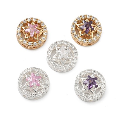 Латунные звенья с инкрустацией кубическим цирконием, плоские круглые со звездой