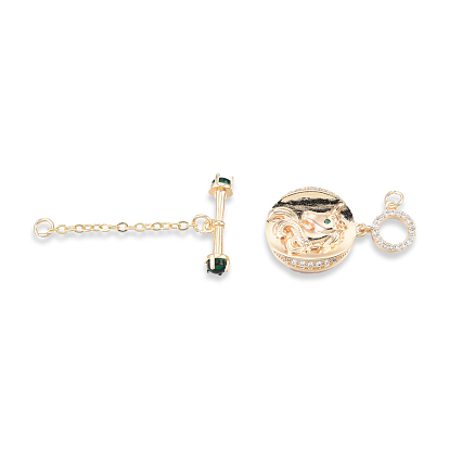 Brass Clear & Green Cubic Zirconia Toggle Clasps, Cadmium Free & Nickel Free & Lead Free, Flat Round with Unicorn