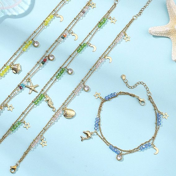 Браслеты на лодыжку для женщин из нержавеющей стали с подвесками в виде морских животных, выполненные в форме океанических граней ронделей из гальванированного стекла., золотые