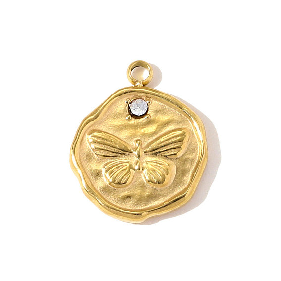 304 подвески из нержавеющей стали, круглая форма с подвесками в виде бабочек, со стразами, ионное покрытие (ip), зеркальная полировка