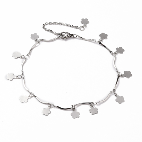 304 Stainless Steel Flower Charm Anklets, with Lobster Claw Clasps