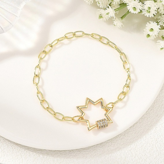 Brass Paperclip Chain Bracelets, Star, with Brass Micro Pave Cubic Zirconia Screw Carabiner Lock Charms and 304 Stainless Steel Open Jump Rings